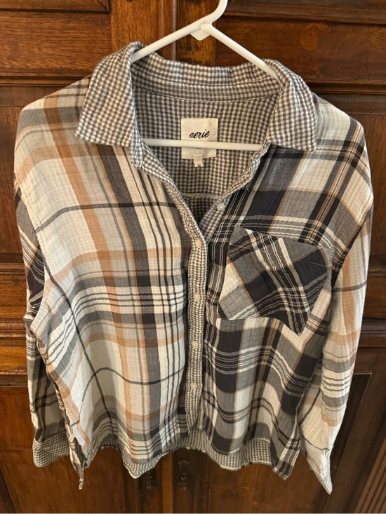 aerie Tops - Aerie Top Gauze Plaid Button Up Medium Long Sleeve Relaxed Flannel